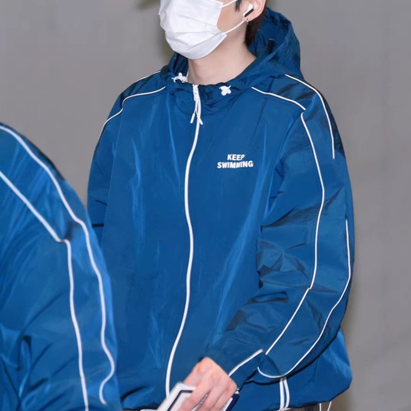 Windbreaker Anime Merchandise - Kpop Keep Swimming Print Reißverschluss Blaue